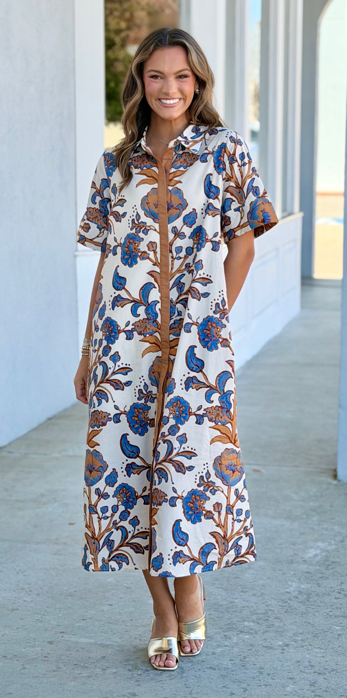 Ecru/Blue Floral Printed Maxi Dress