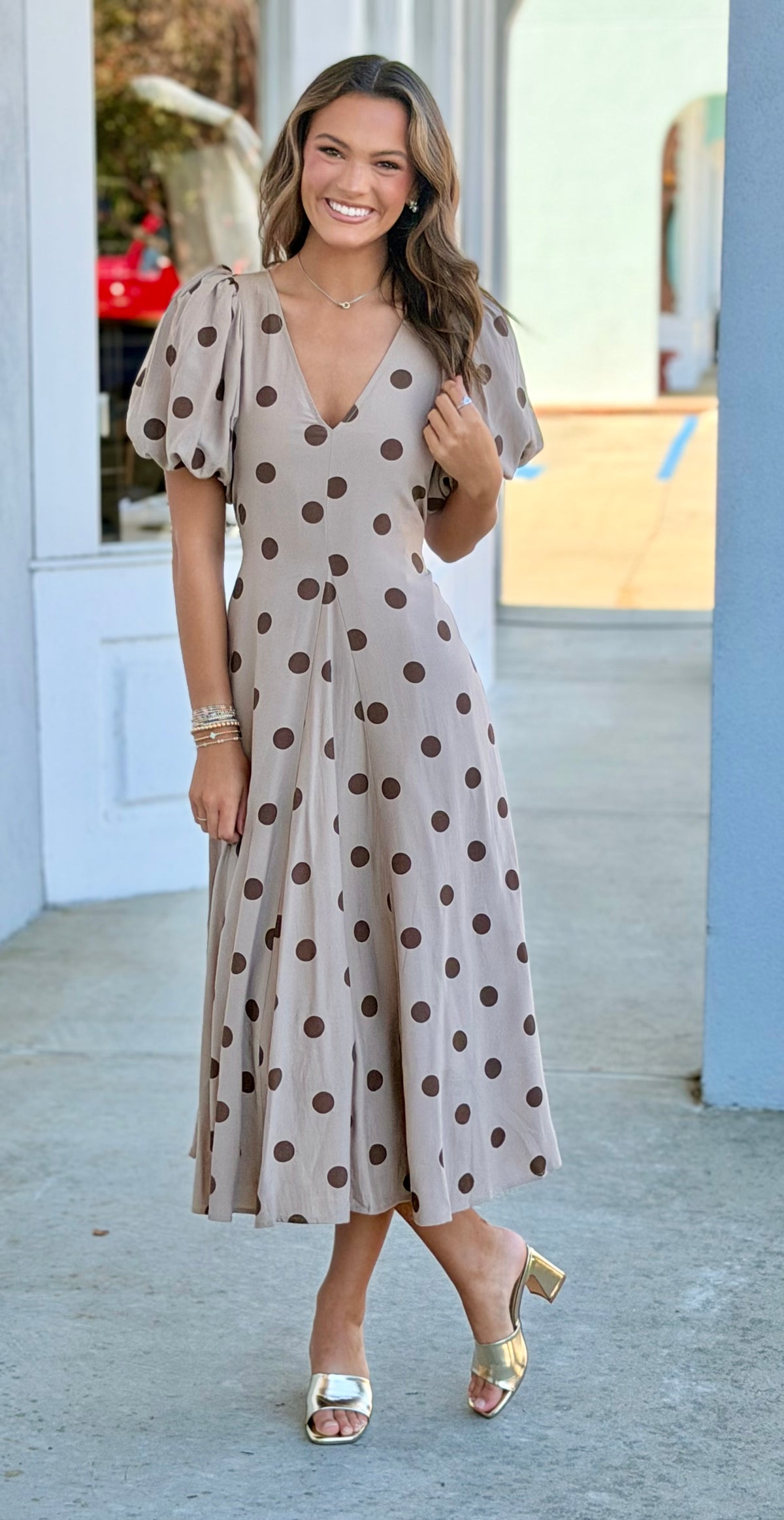 Brown Cotton Blend Polka Dot Puff Sleeve Midi Dress