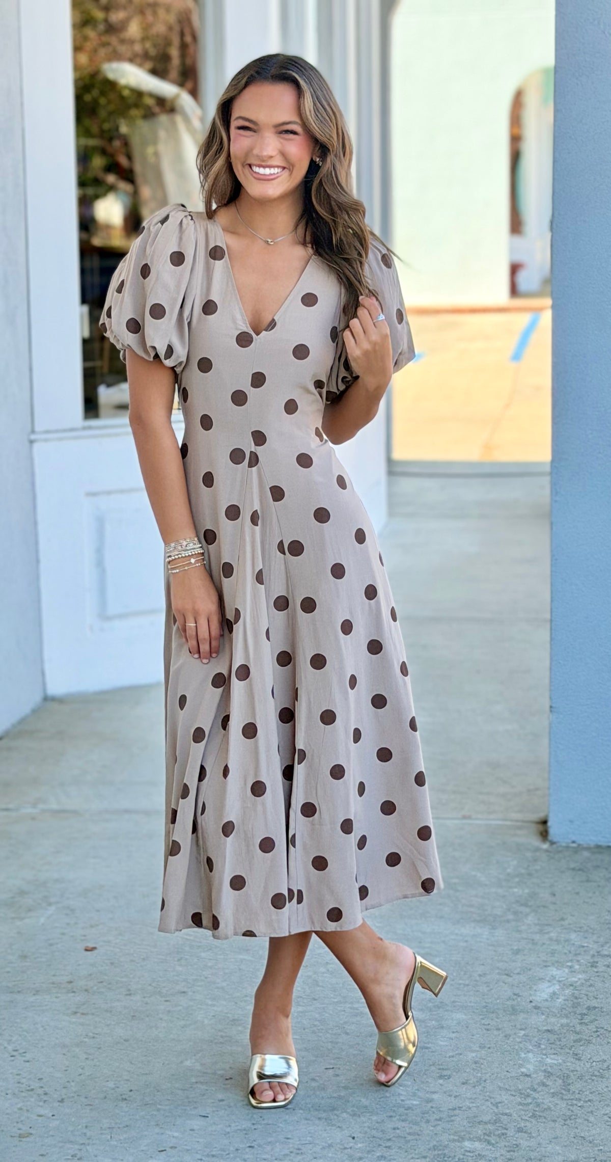 Brown Cotton Blend Polka Dot Puff Sleeve Midi Dress