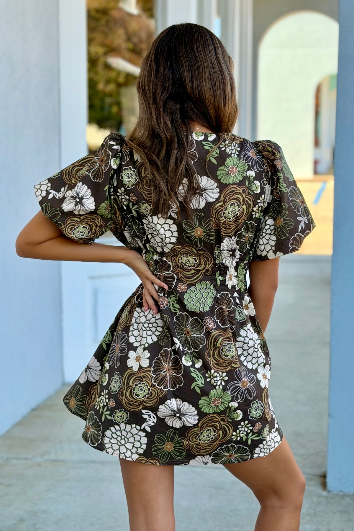 Brown Floral Printed Pleated Detail Dress