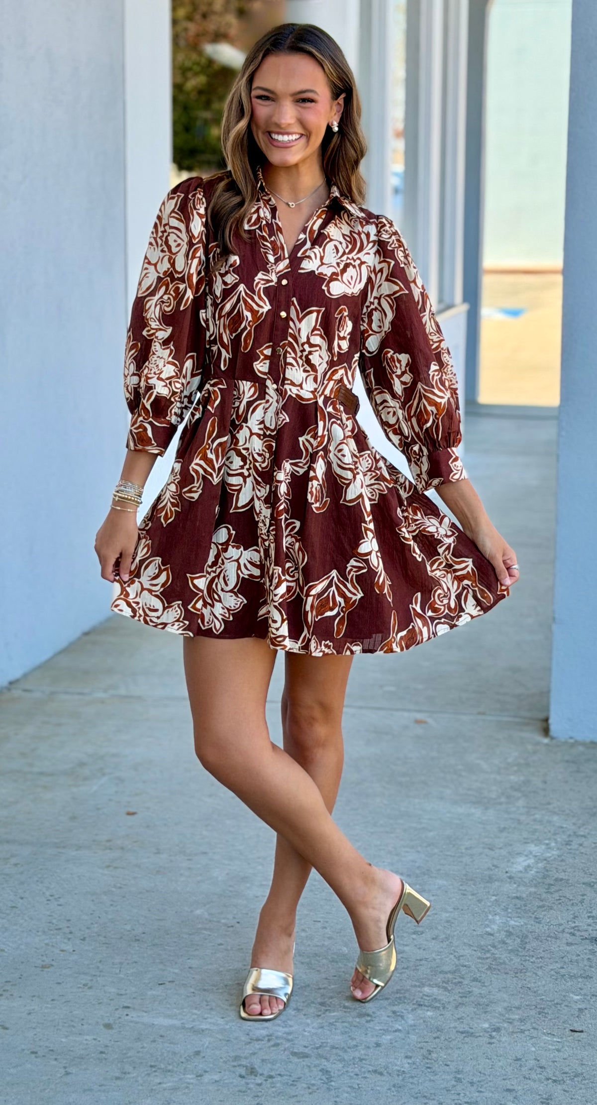 Brown Floral Printed Dress W Gold Buttons