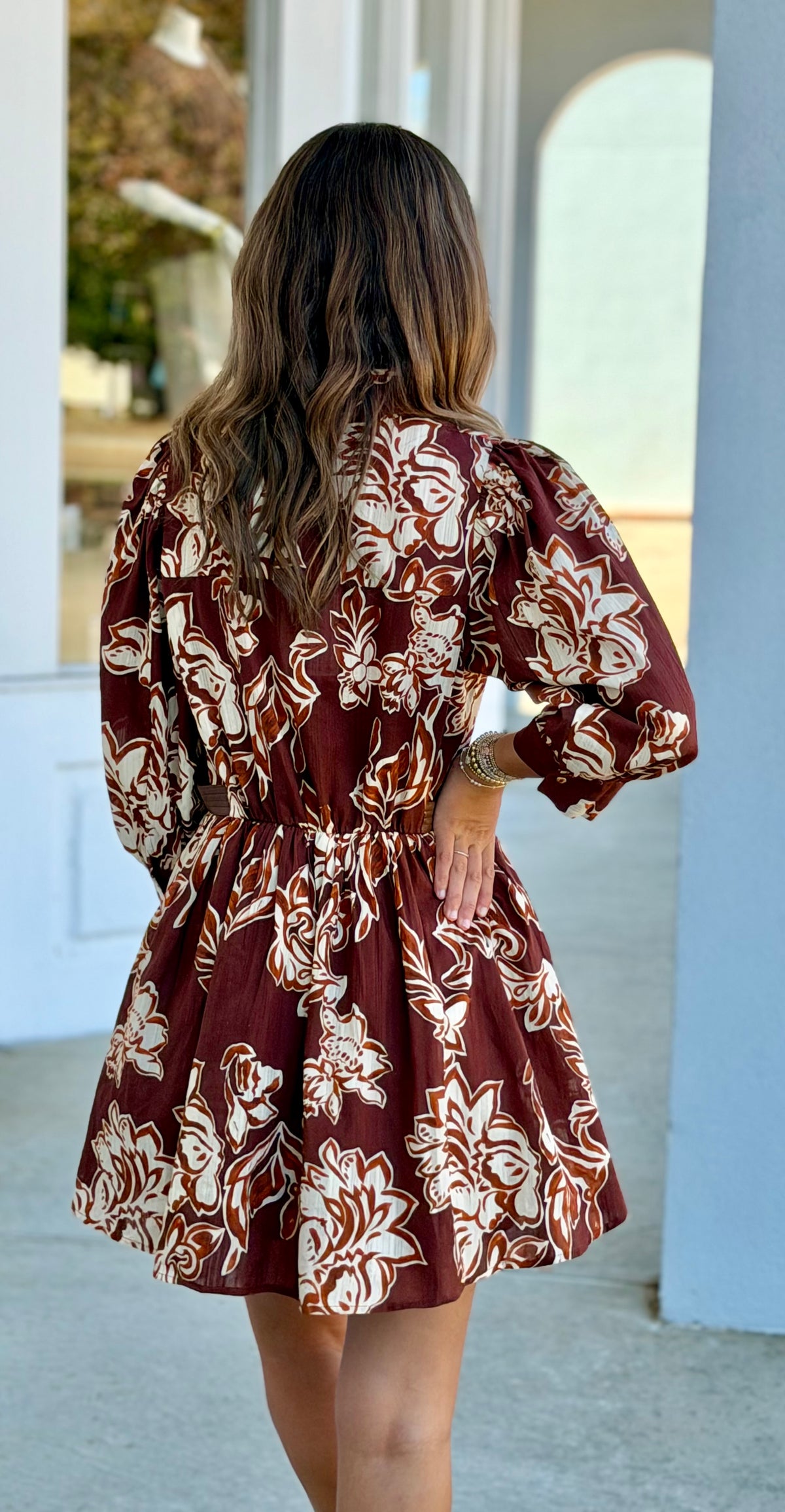 Brown Floral Printed Dress W Gold Buttons