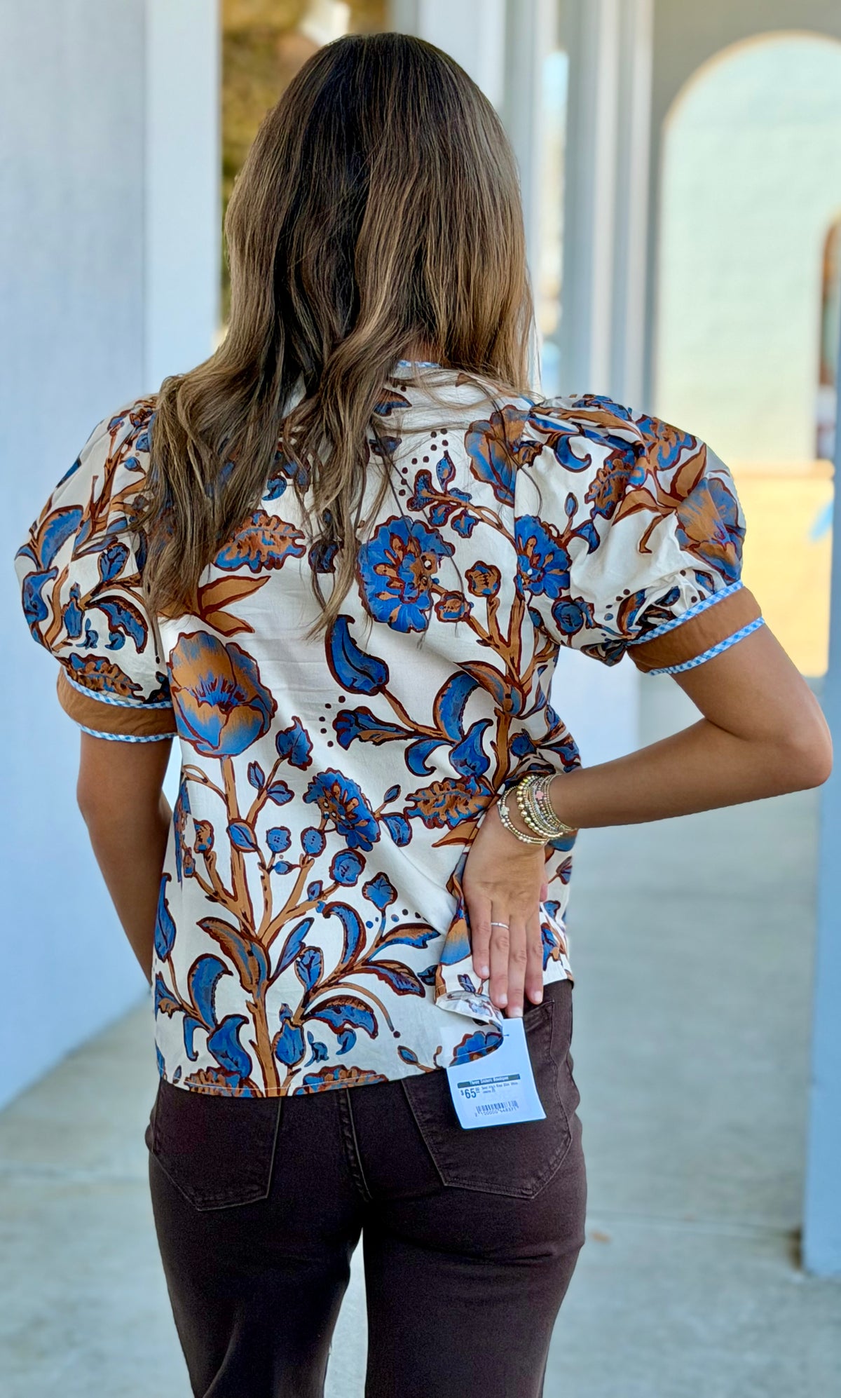 Ecru/Blue Floral Print Blouse
