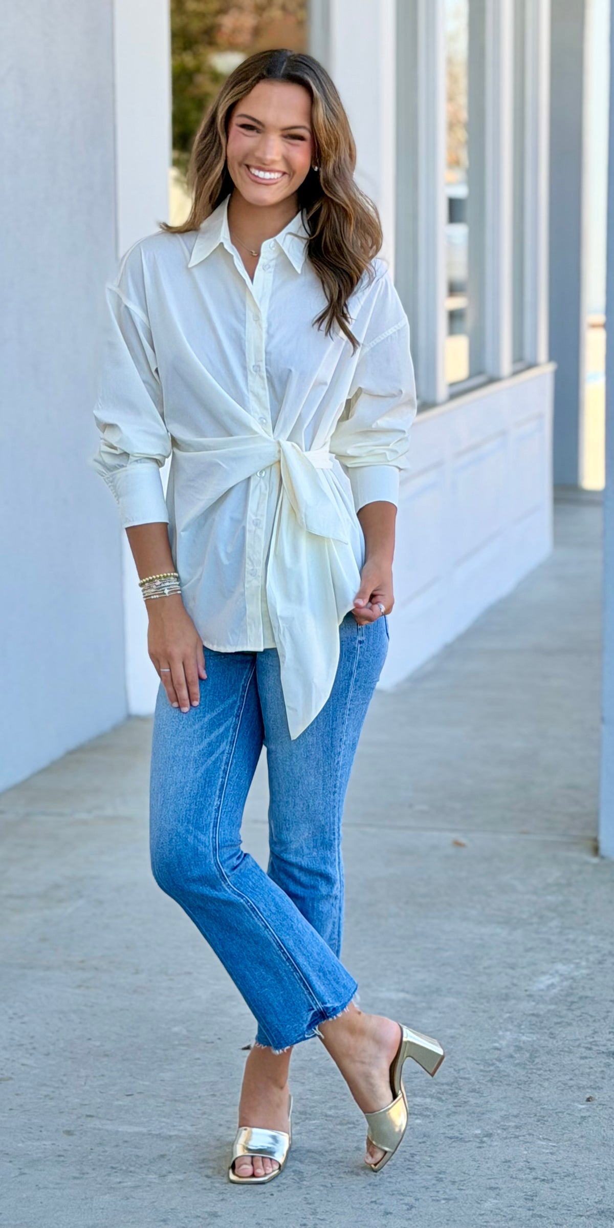 Button Up Top W Tie, Cream