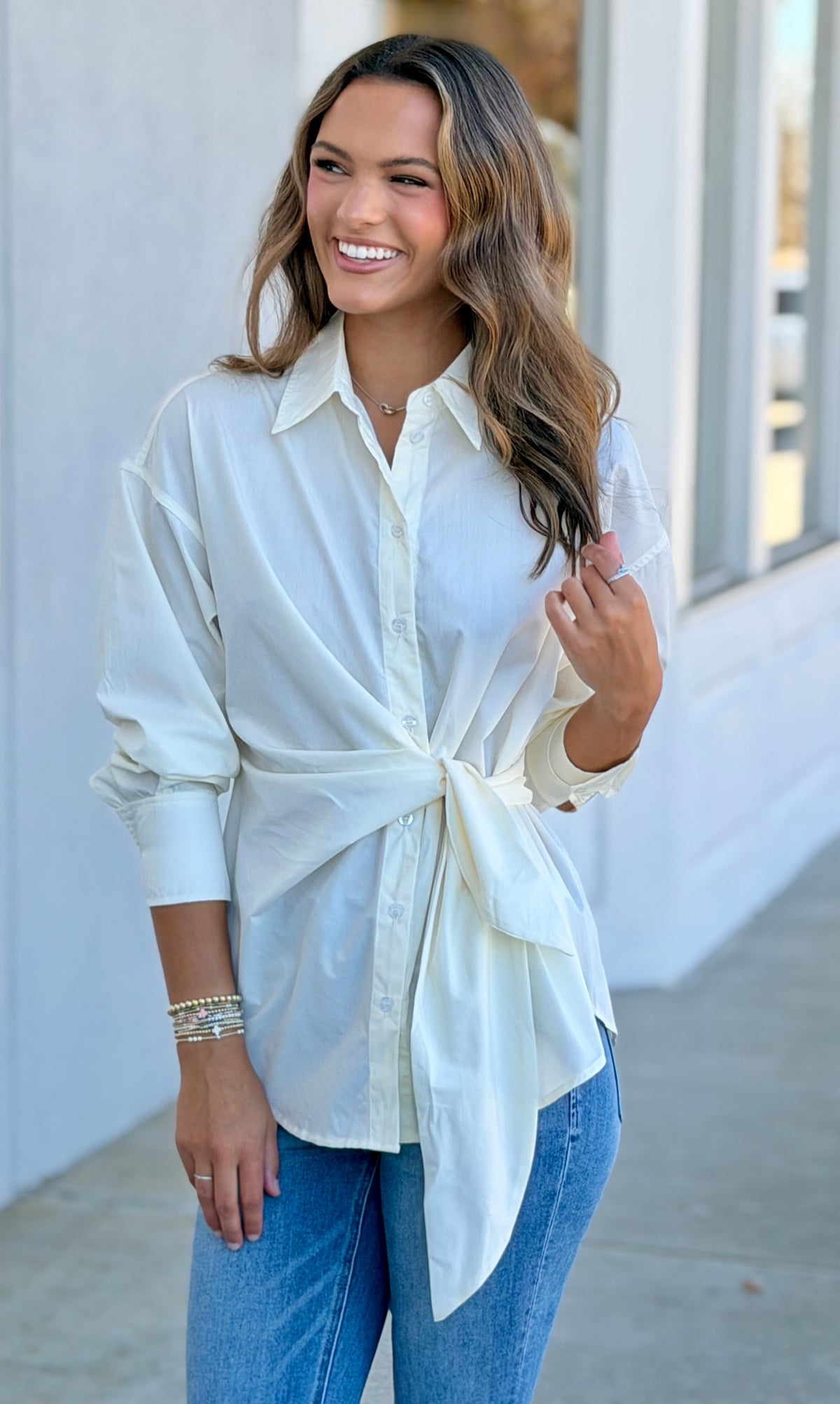 Button Up Top W Tie, Cream
