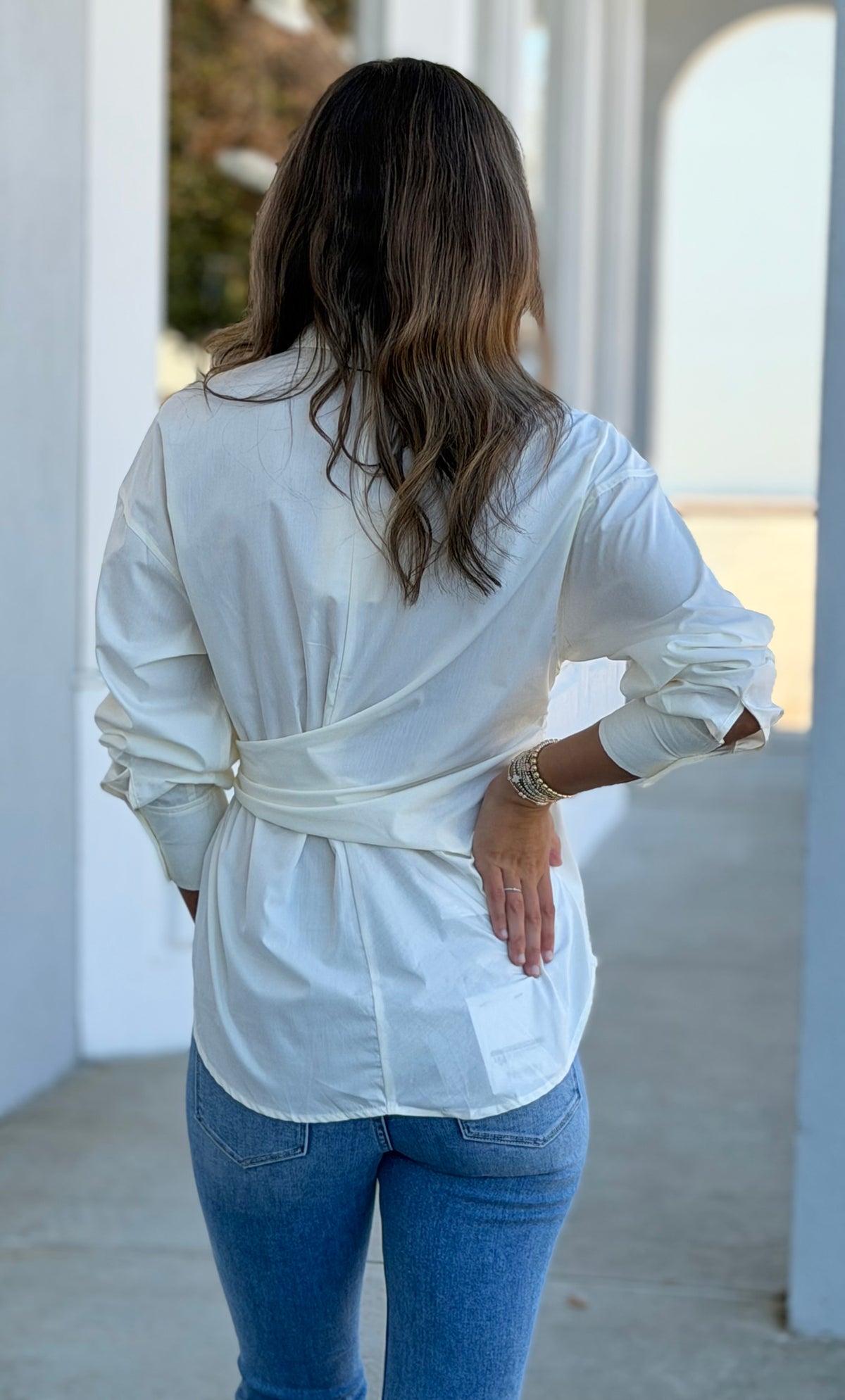 Button Up Top W Tie, Cream