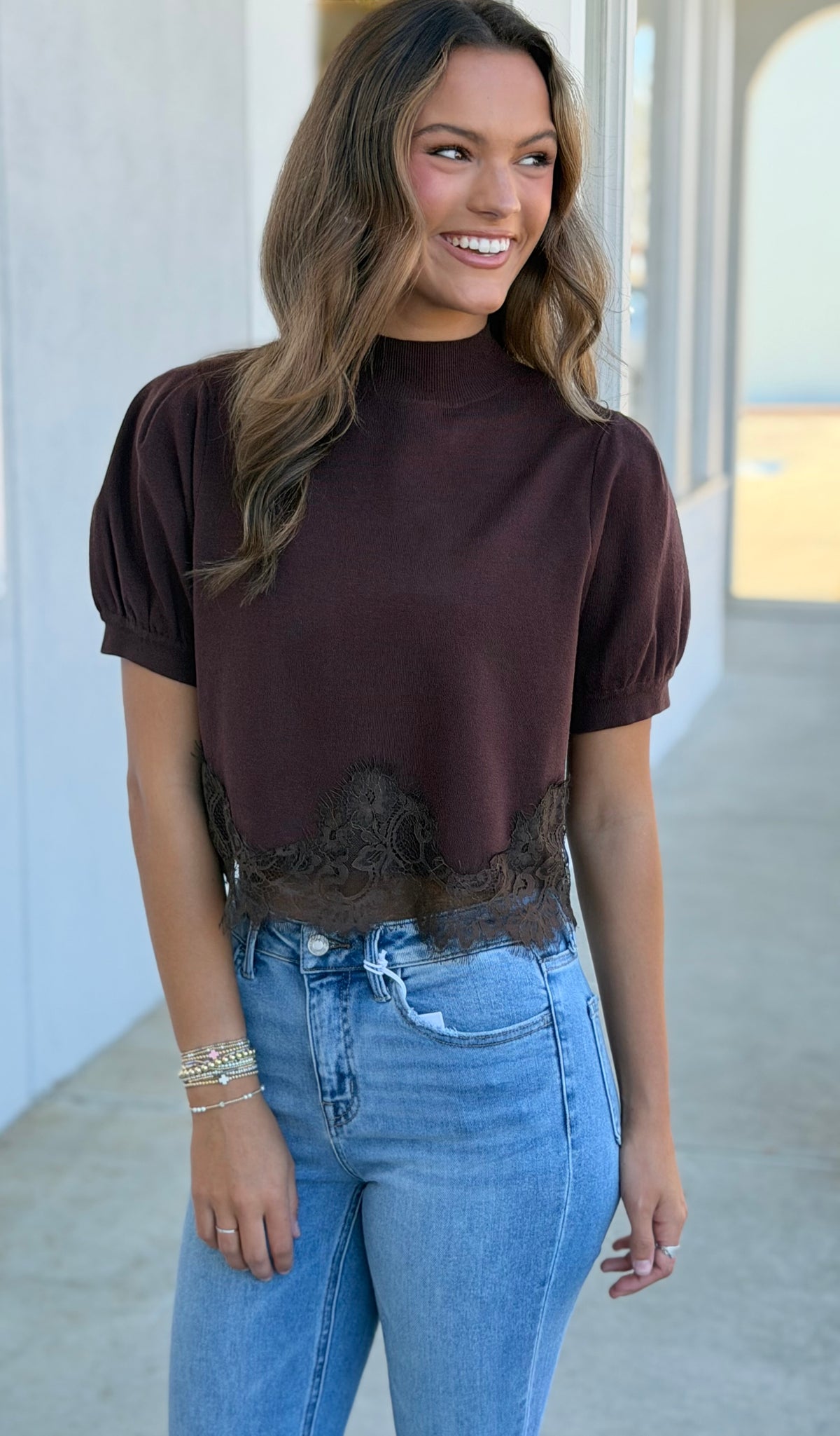 Brown Puff Sleeve Top W Lace Detail