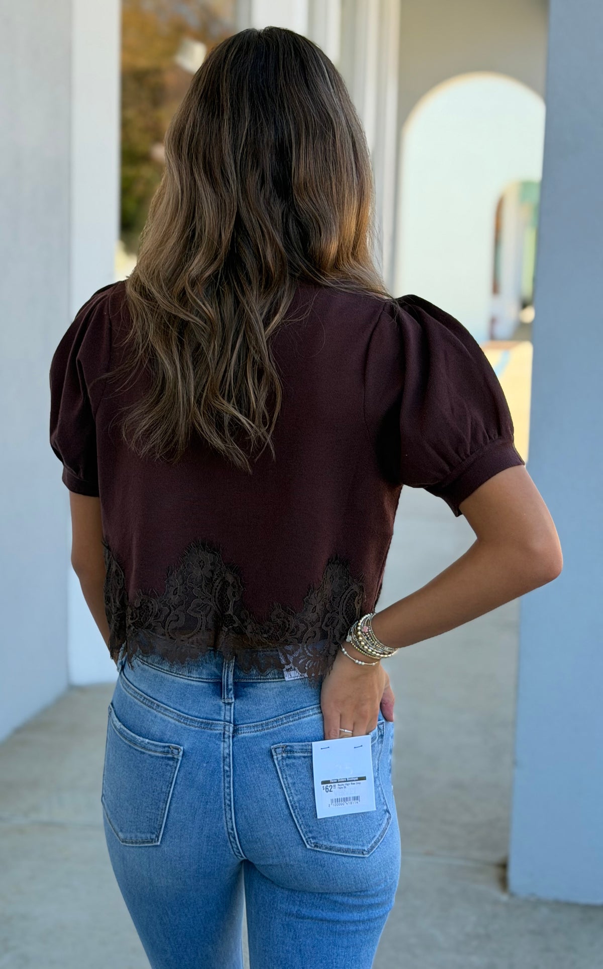 Brown Puff Sleeve Top W Lace Detail