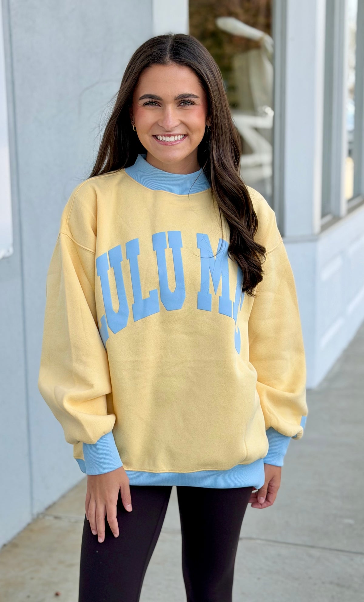 Lulu Mac Puff Mockneck Sweatshirt, Butter/Light Blue