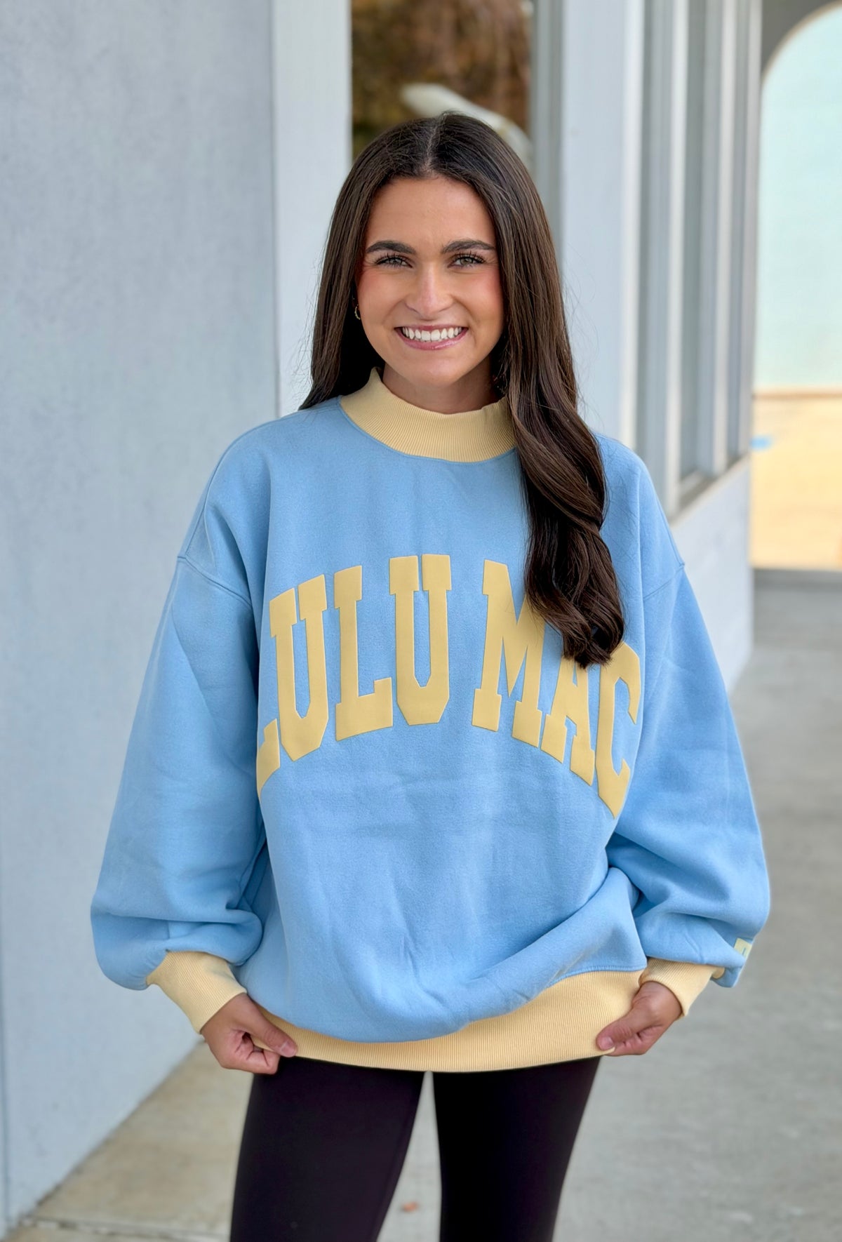 Lulu Mac Puff Mockneck Sweatshirt, Light Blue/Butter