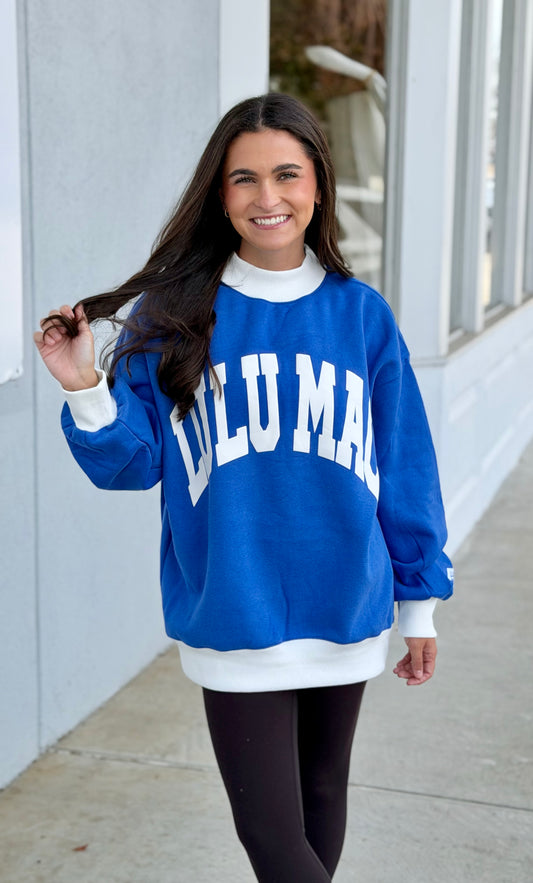 Lulu Mac Puff Mockneck Sweatshirt, Royal/White
