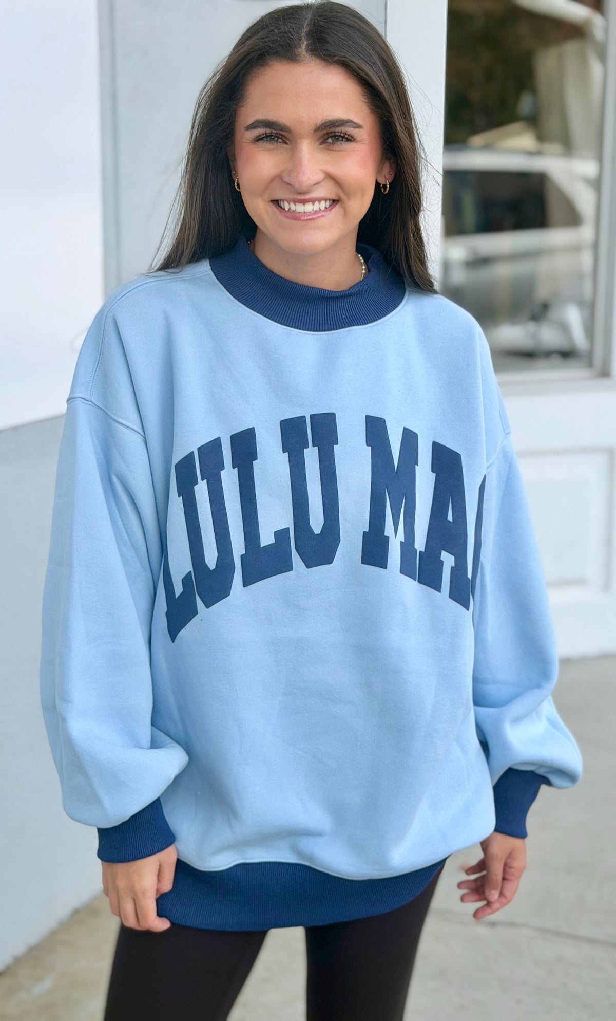 Lulu Mac Puff Mockneck Sweatshirt, Light Blue/Navy
