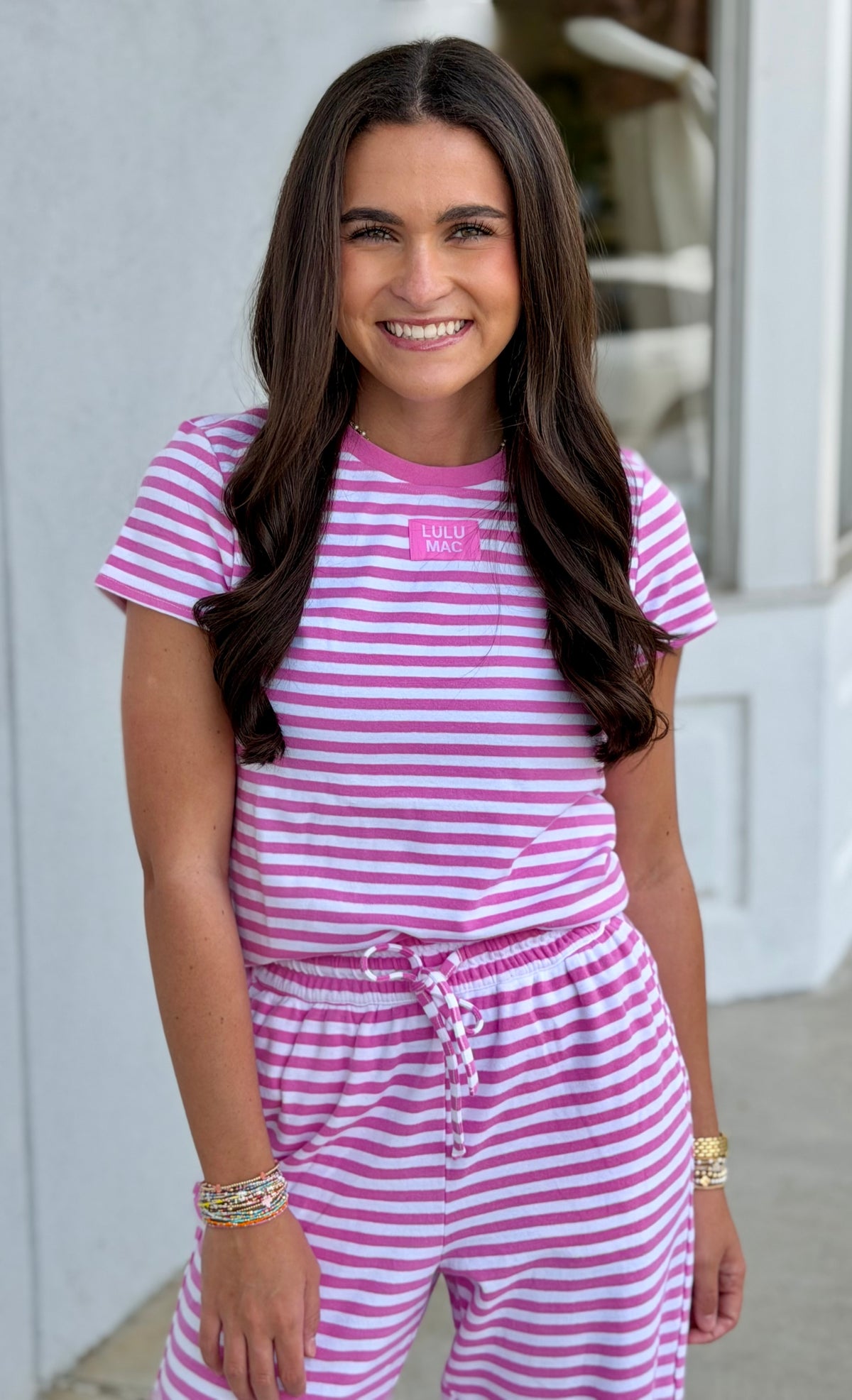 Lulu Mac Stripe Monochrome Babydoll Top, Neon Pink
