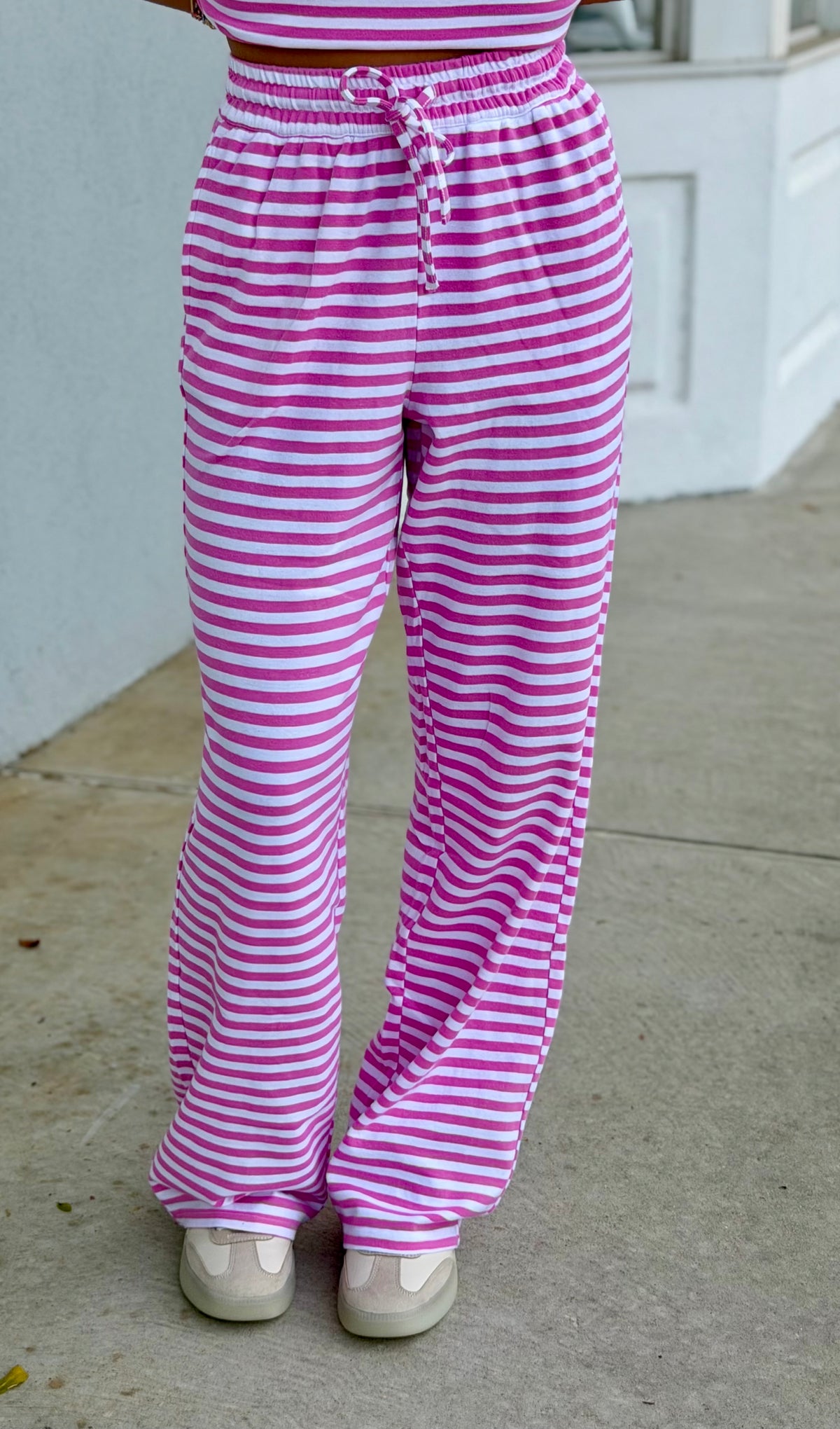 Lulu Mac Monochrome Striped Pants, Neon Pink