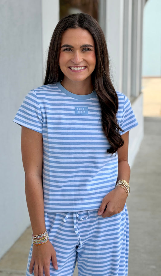 Lulu Mac Stripe Monochrome Babydoll Top, Light Blue