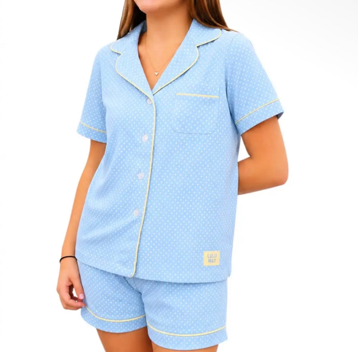 Lulu Mac Polka Dot Pajama Short Set, Light Blue/Butter