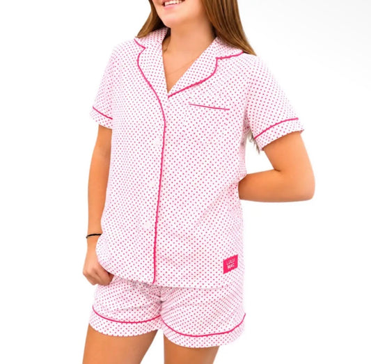 Lulu Mac Polka Dot Pajama Short Set, White/Pink