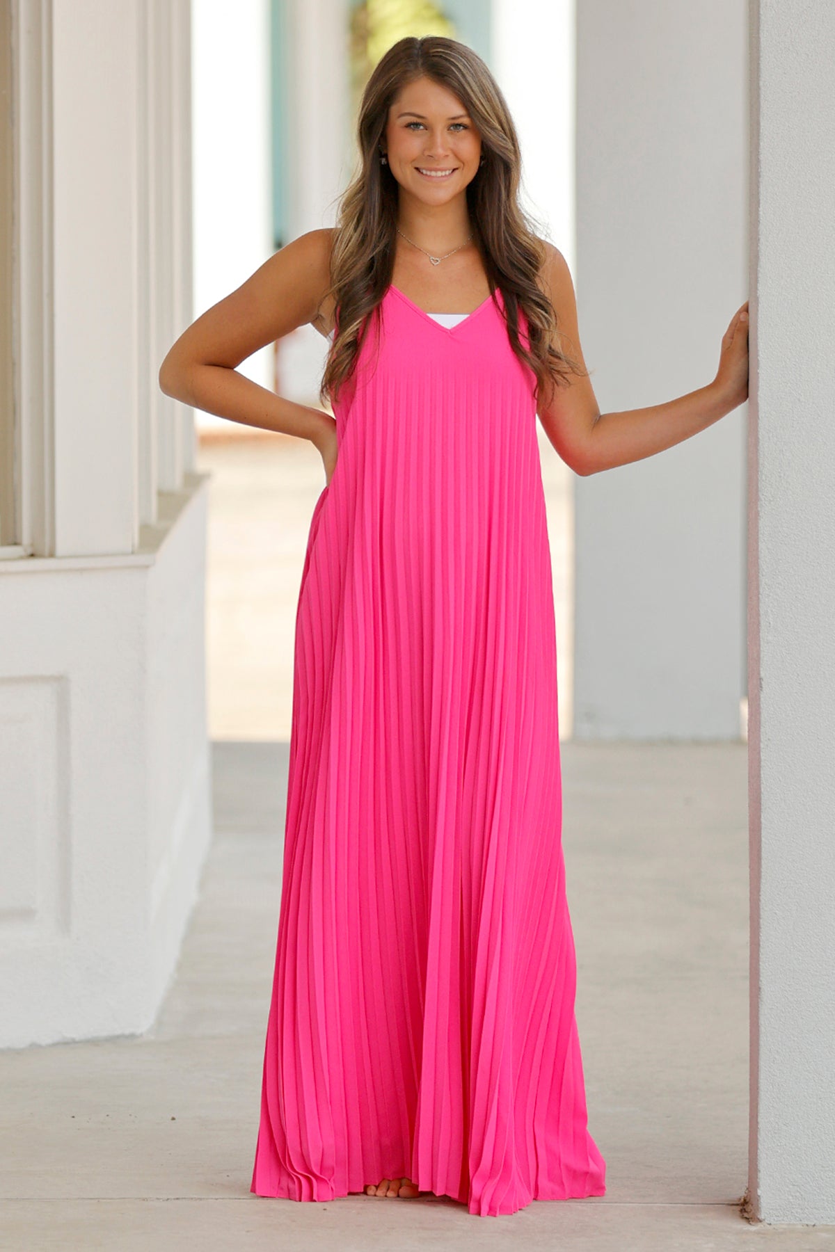 Hot Pink Pleated Maxi Dress