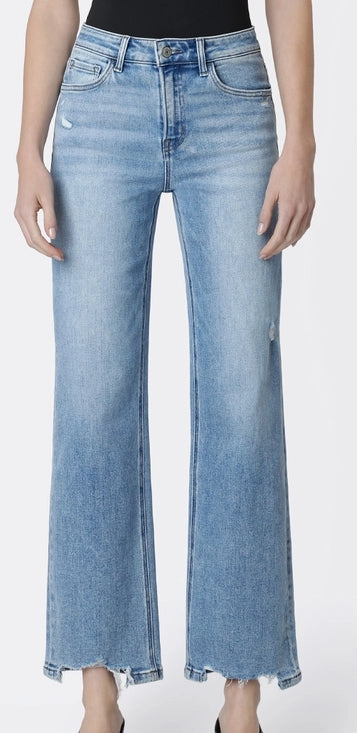 High Rise Distressed Hem Sim Wide Leg Jeans