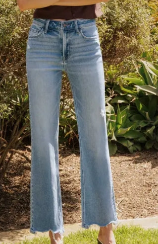 High Rise Distressed Hem Sim Wide Leg Jeans