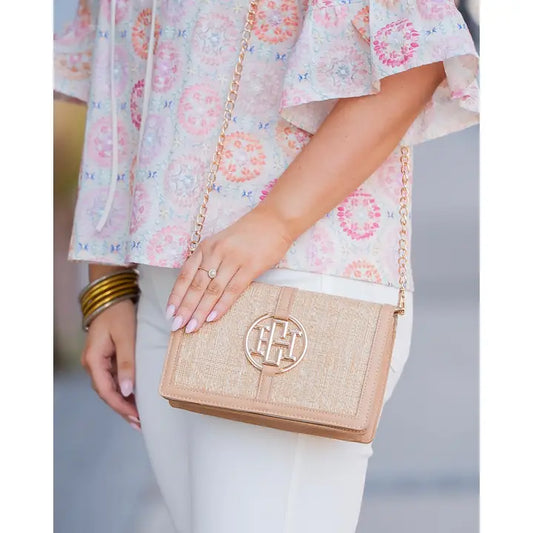 Cecilia Circle Logo Handbag, Natural Lattice