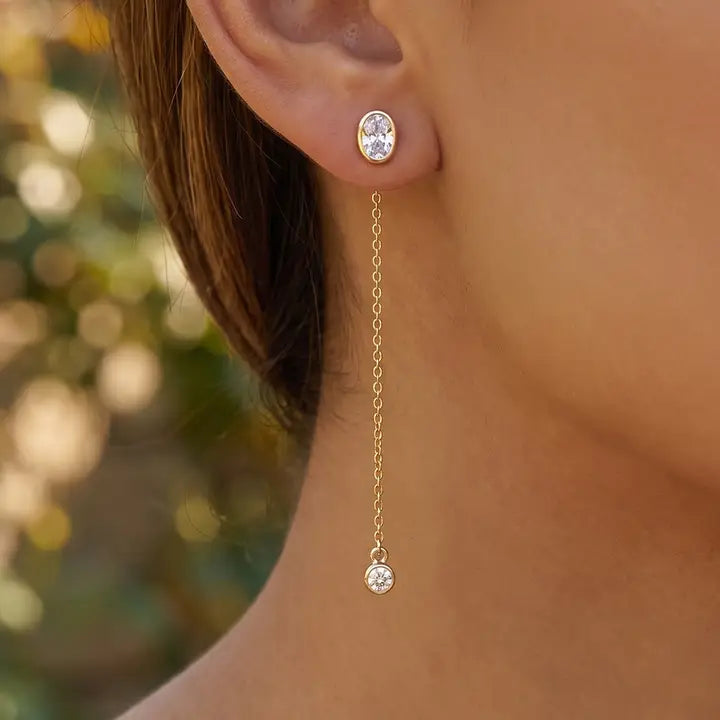 Oval Bezel Linear Chain Earrrings