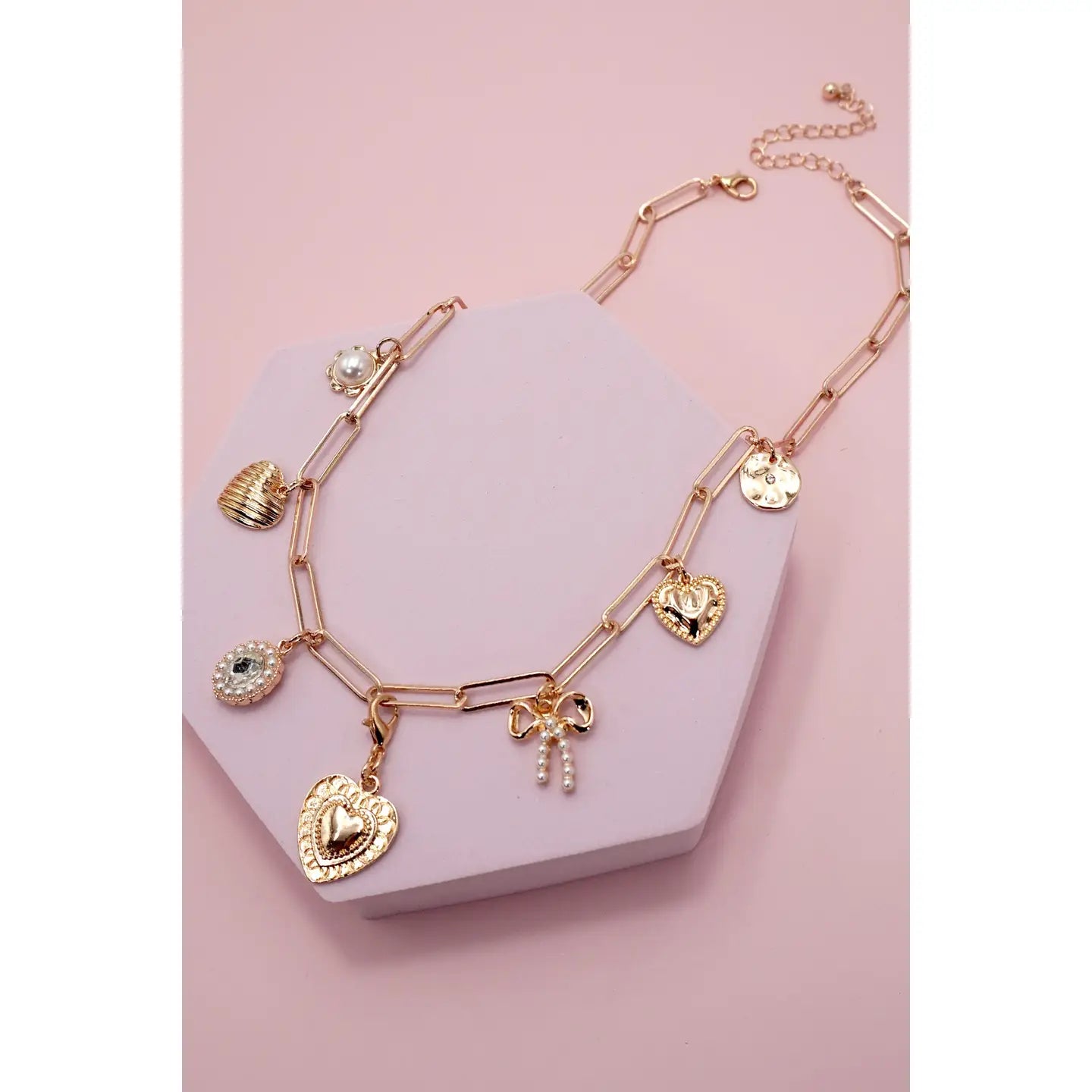 Charm Necklace-Bow Heart Pearl Link Chain