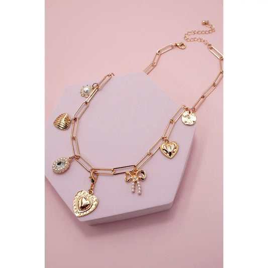 Charm Necklace-Bow Heart Pearl Link Chain