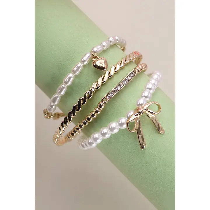 Bow Pearl Rhinestone Bangle Set