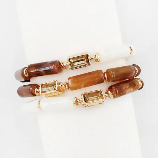 Brown and White Oval Stone and Beaded Set of 3