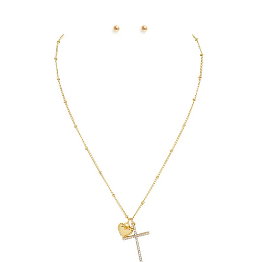 Rhinestone Cross and Puffy Heart Necklace