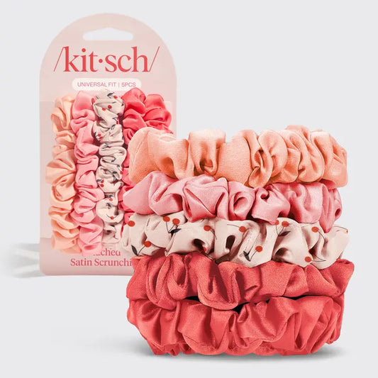 Ruched Satin Scrunchie 5 Piece Set-Cherry