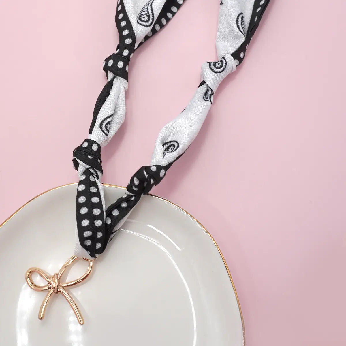 Bow Scarf Necklace With Charm , Black/White Bow
